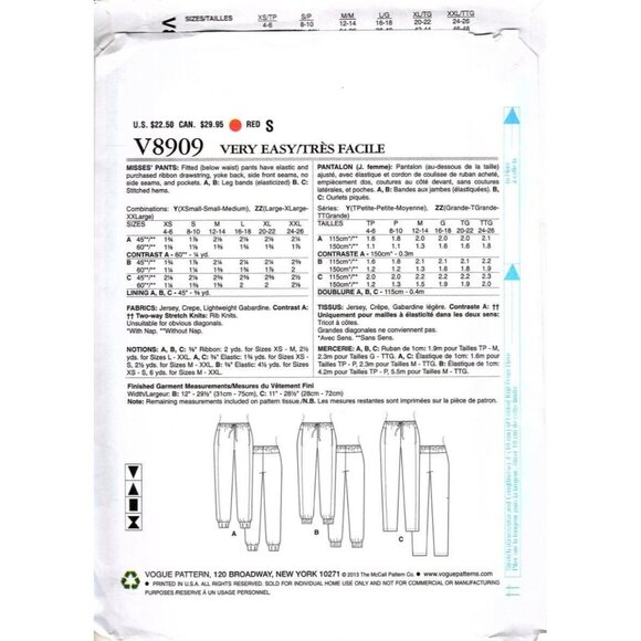 Vogue V8909 Misses XS to M Joggers and Drawstring Pants Uncut Sewing Pattern - Picture 2 of 2